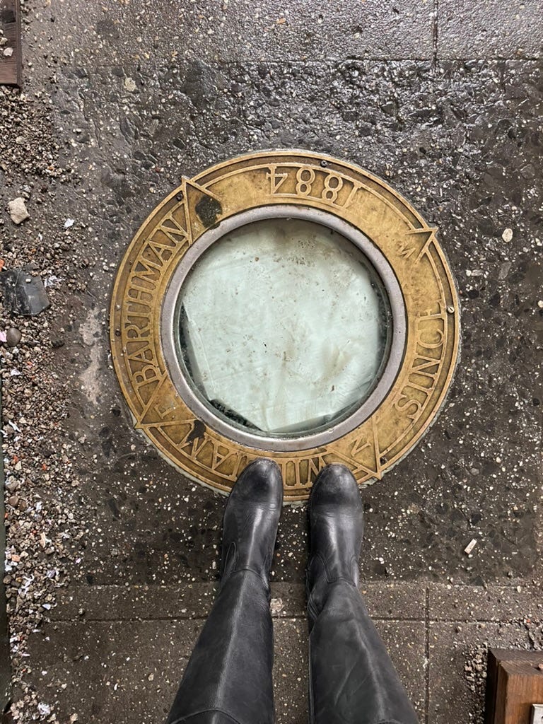 Sidewalk clock with cardbaord over it. William Barthman