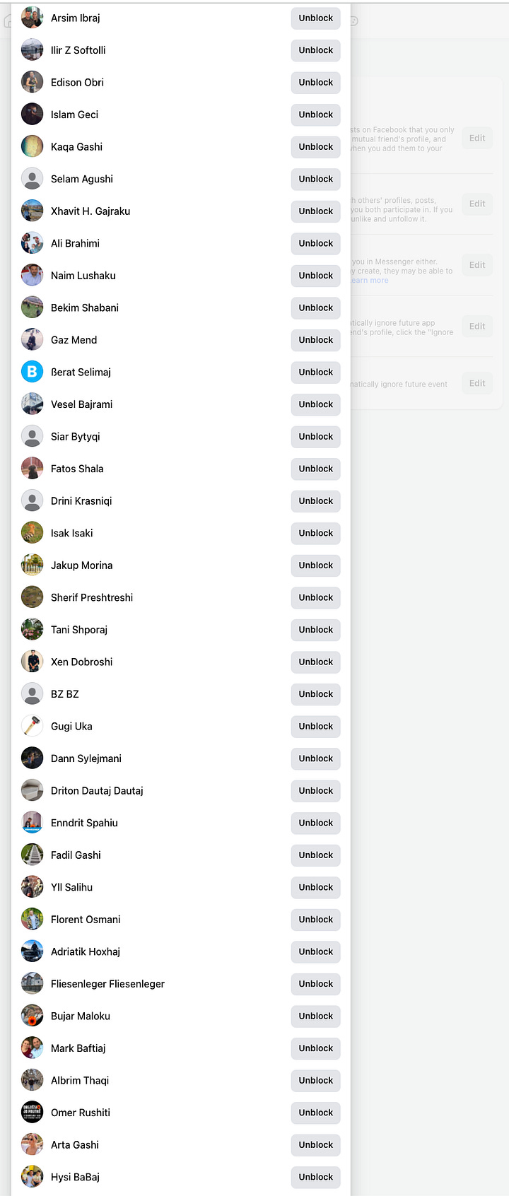 8 out of 17 full Screenshots of the Facebook Block List