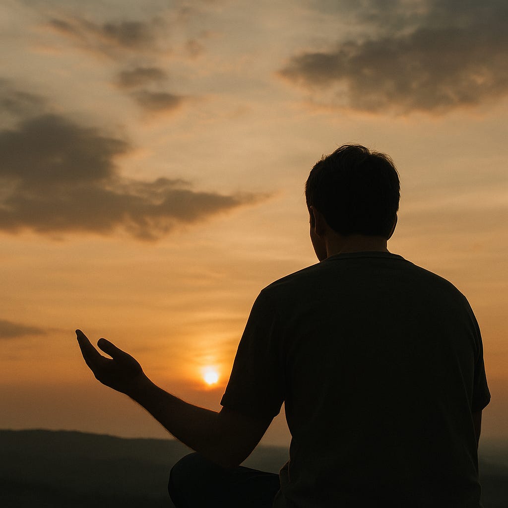 A serene silhouette of a person meditating at sunset, with one hand raised toward the sky. Warm golden and orange tones fill the horizon, while distant clouds and rolling hills create a tranquil, spiritual atmosphere symbolizing peace beyond anxiety.