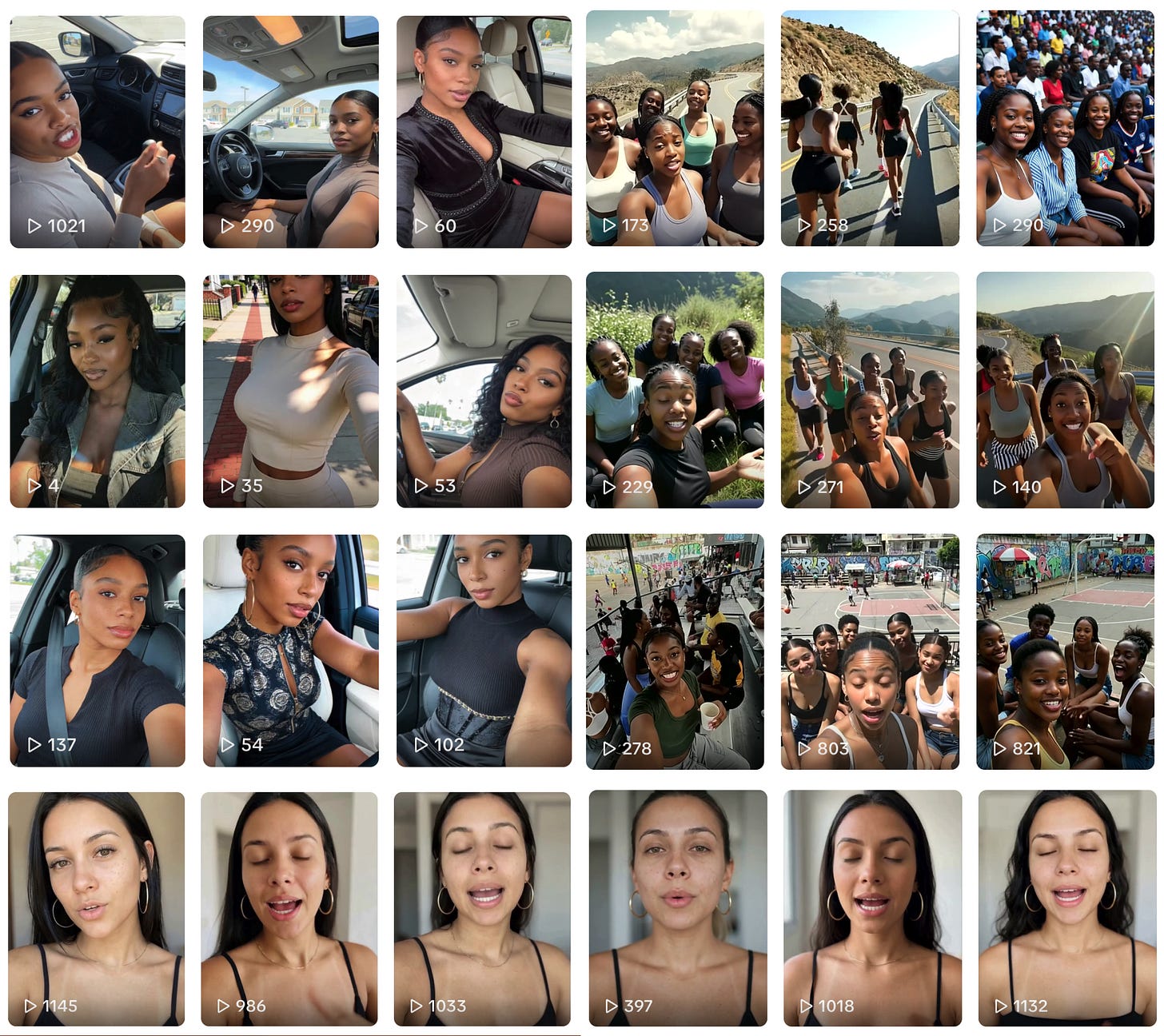 collage of AI-generated TikTok videos posted by a spam network collage of AI-generated TikTok videos posted by a spam network