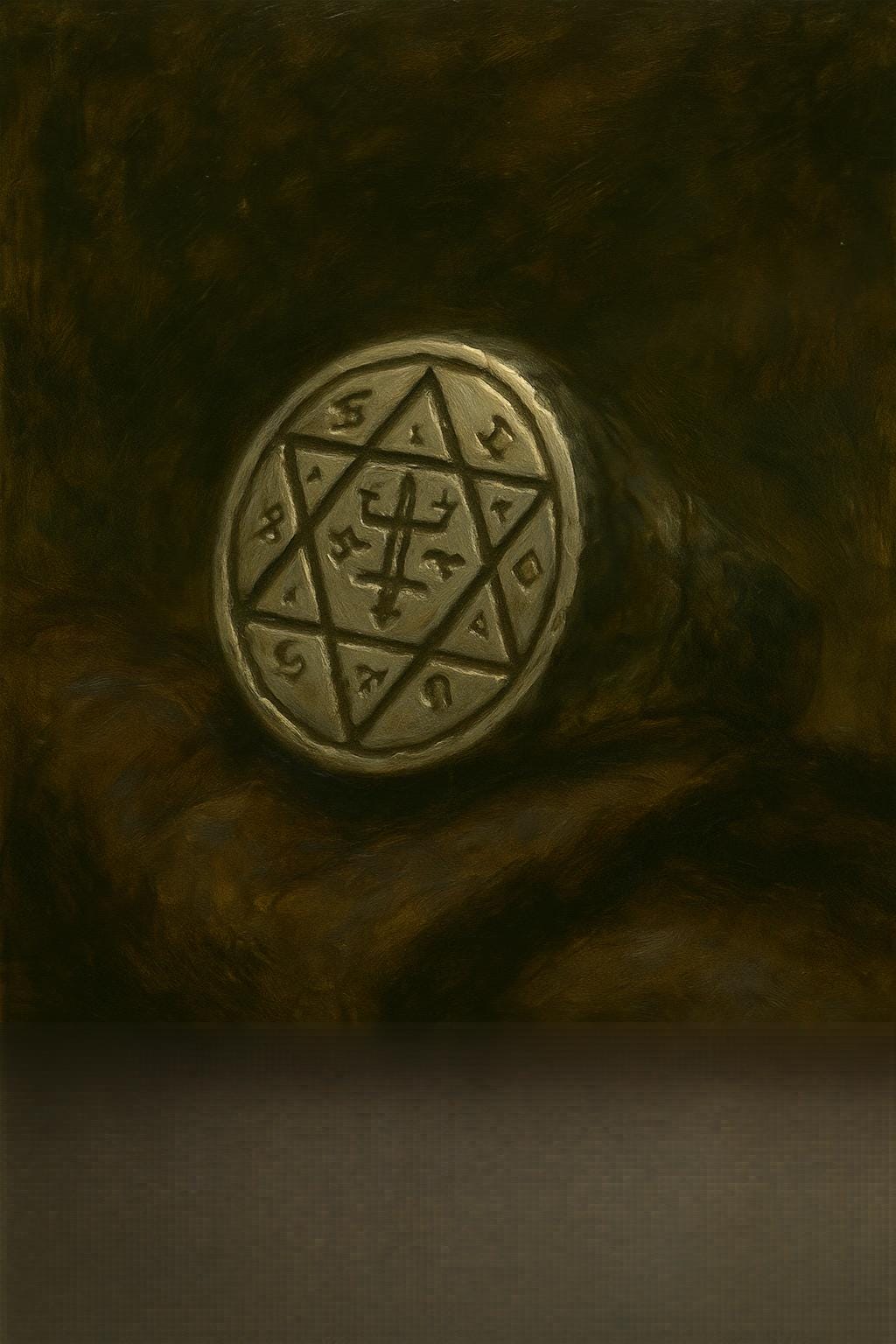 Khazan's signet ring, resting in a velvet pouch. A platinum band, tarnished at the edges, with a hexagram etched into the face—two interlocking triangles. Around the points, arcane glyphs shimmer faintly, each representing a different school of magic: abjuration, necromancy, illusion, evocation, transmutation, divination, conjuration, and enchantment. The ring hums with quiet menace, its surface catching firelight in cold flashes. The background is dark and velvety, emphasizing the ring’s arcane detail.