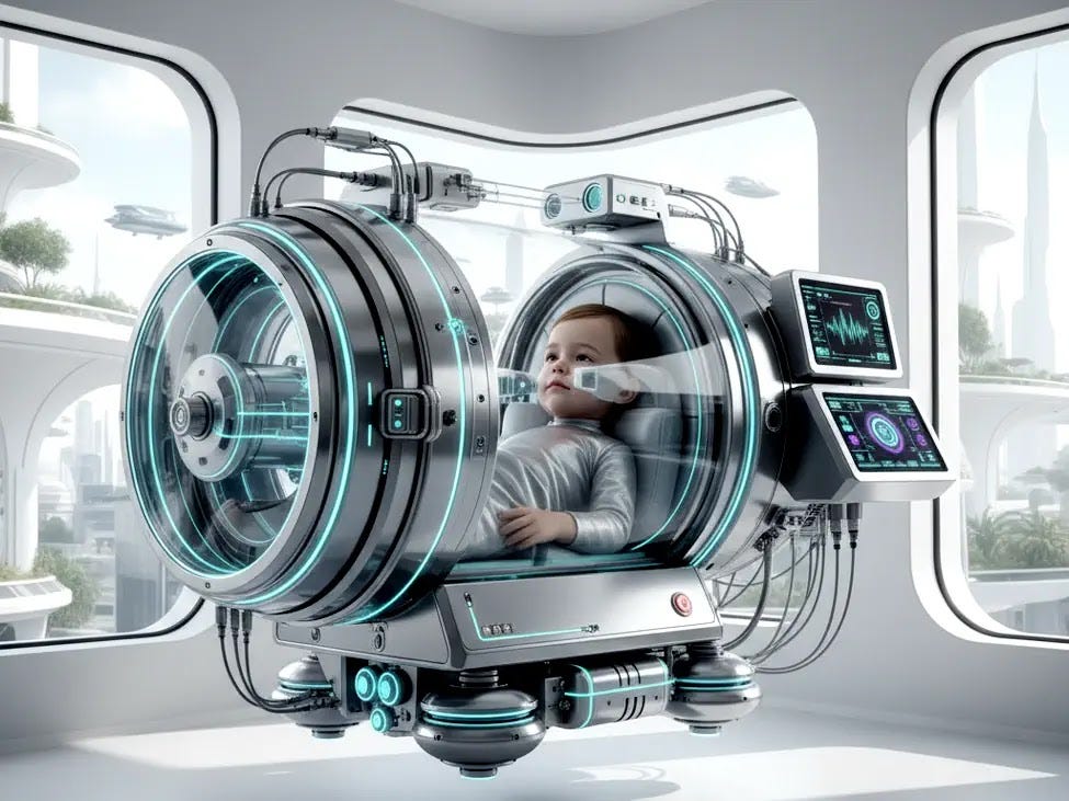 A child rests within an iron lung, a futuristic device designed to support respiratory function