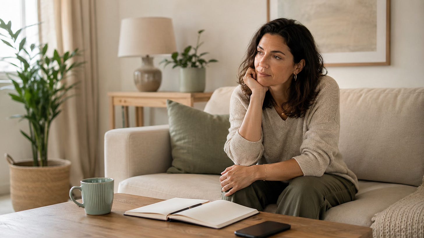 Woman sitting quietly beside an open notebook, reflecting on the effort of working through emotional patterns alone.