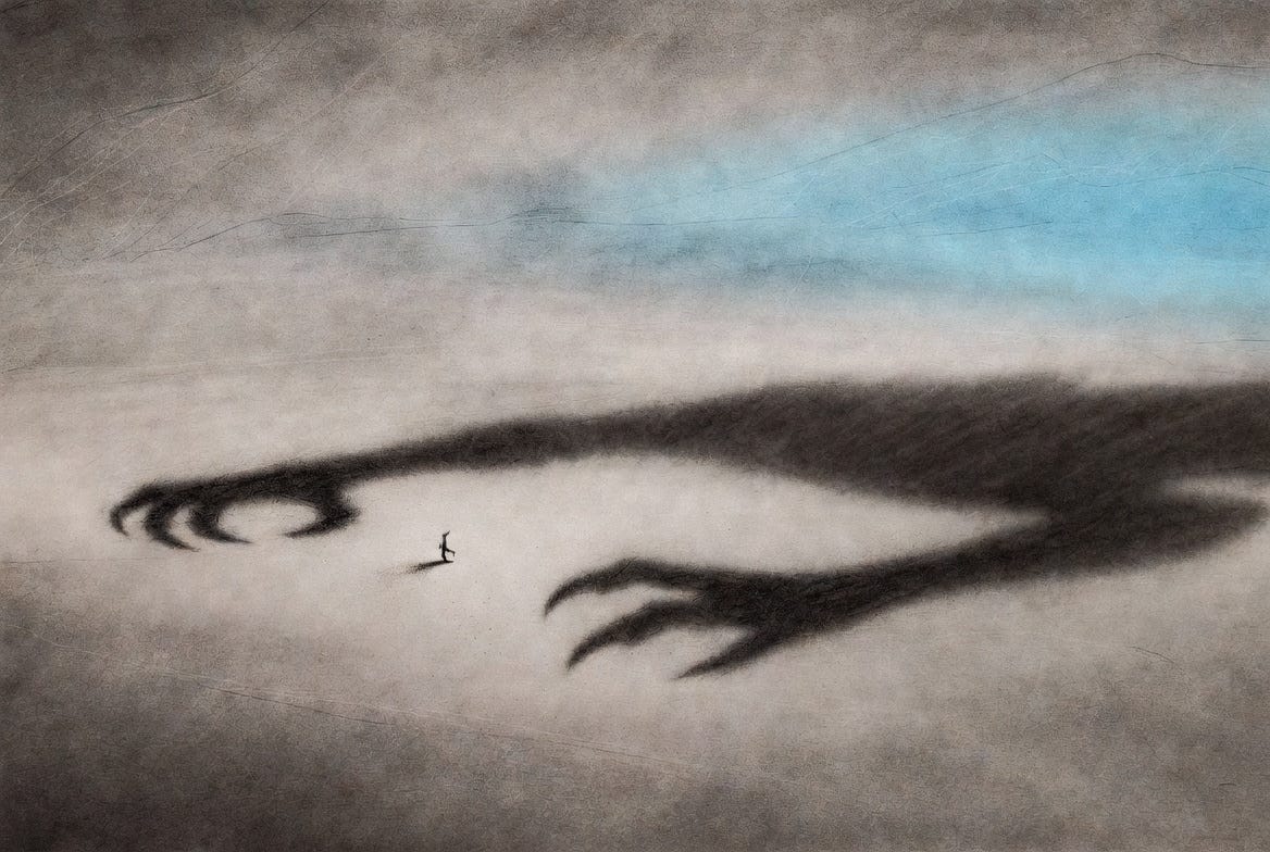 A tiny person on a grey plain under the shadow of a huge clawed hand reaching for them. A tiny person on a grey plain under the shadow of a huge clawed hand reaching for them.