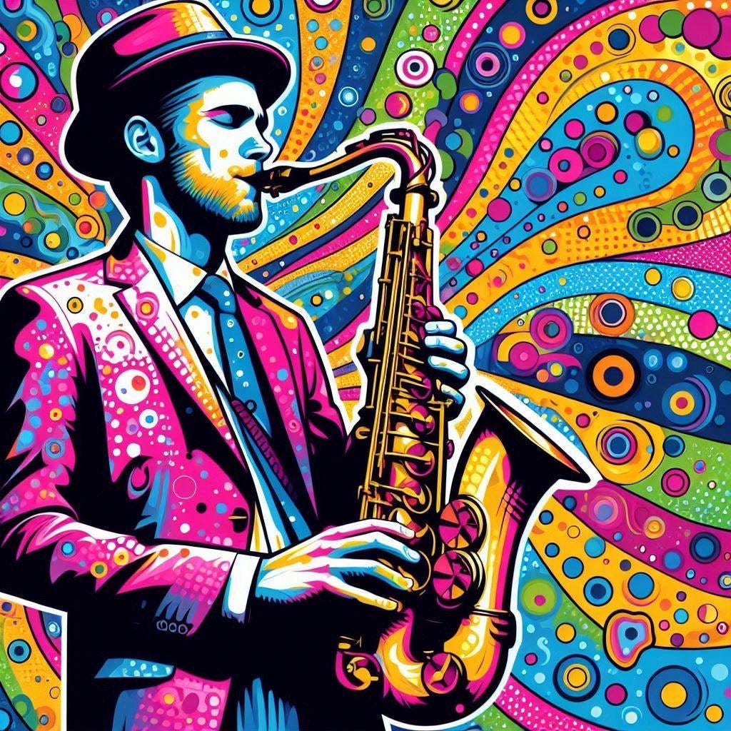 a saxophonist in the style of warhol