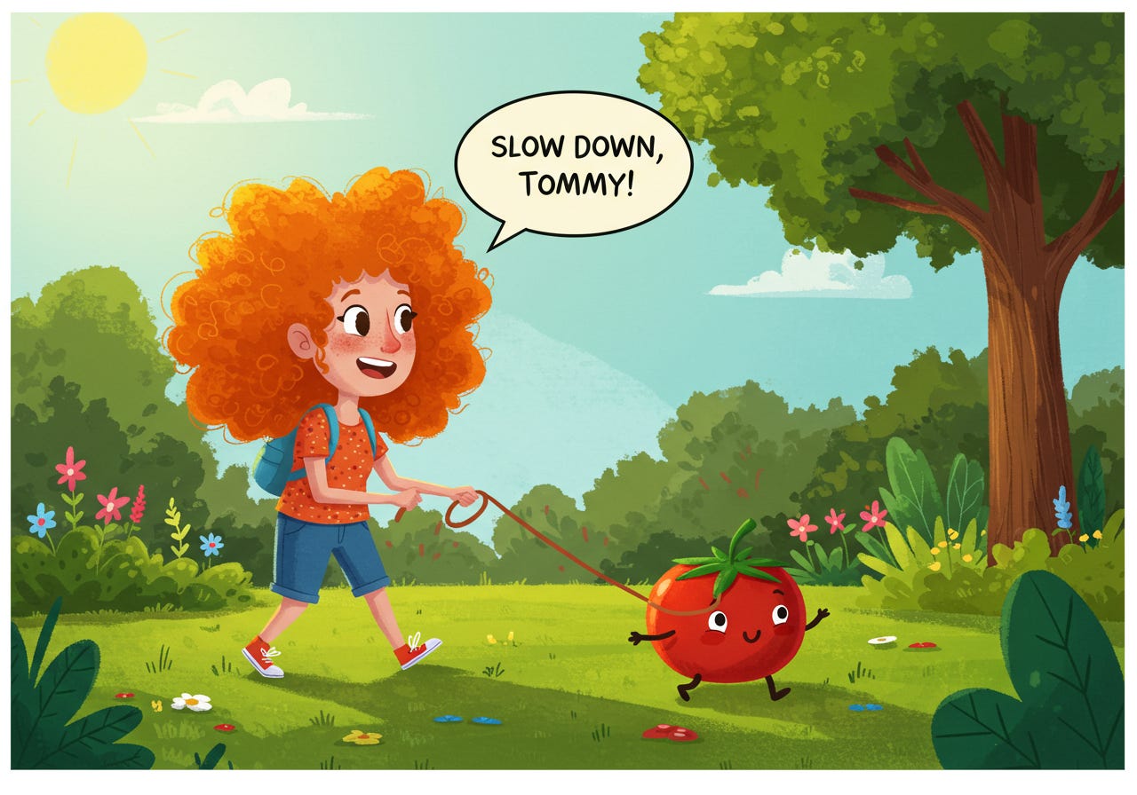 Cartoon illustration of a woman walking a pet tomato on a leash, saying "Slow down, Tommy!"