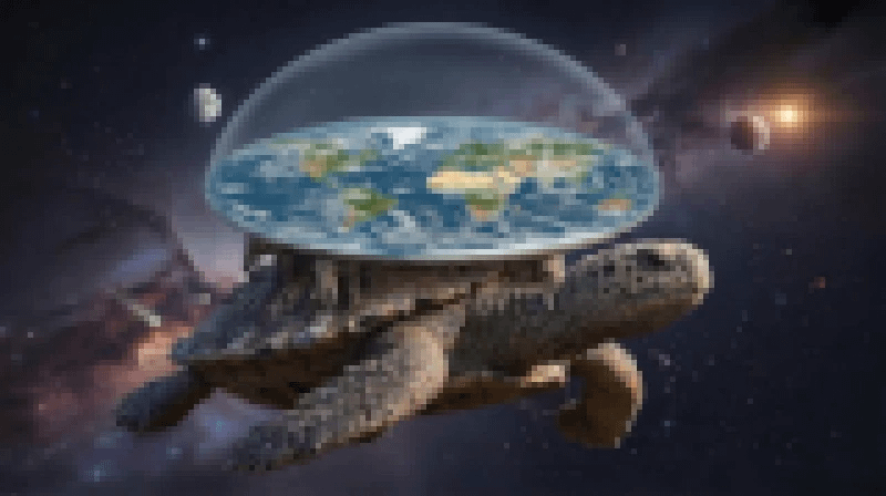 Picture of pockmarked astral turtle with a domed diskworld closely resembling Earth, cycling between various levels of pixelation. The elephants look a bit squashed.