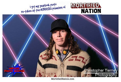 Several images with a laser light background. People wearing 80s hats, scarves, holding Sassy Magazine, or a piccolo, very retro and silly