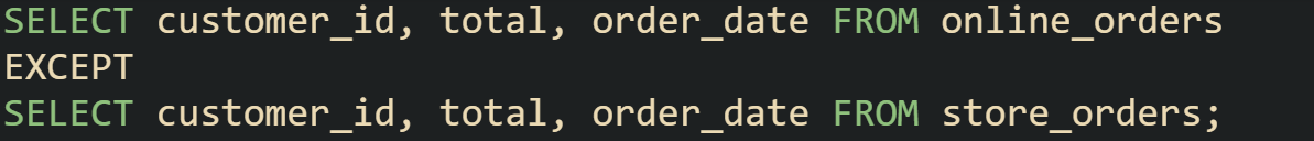 SELECT customer_id, total, order_date FROM online_orders EXCEPT SELECT customer_id, total, order_date FROM store_orders;