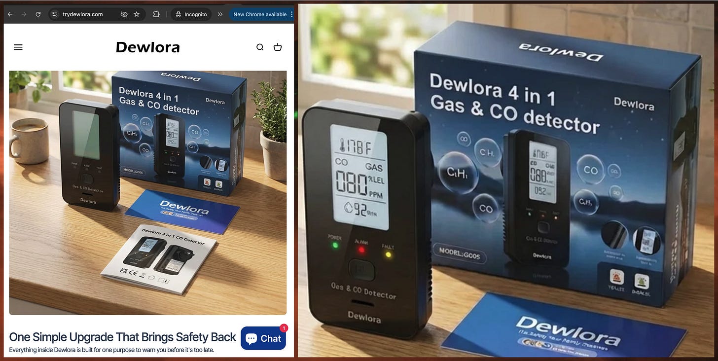 AI-generated image of carbon monoxide detector and associated packaging from trydewlora(dot)com