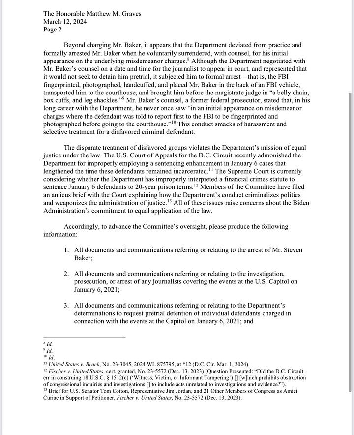 Full text of Chairman Jordan's letter to US Attorney Matthew Graves regarding Steve Baker and other Janury 6th defendants