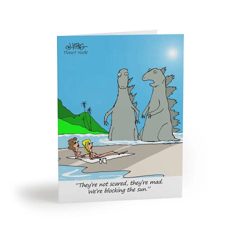 A six-image grid of Planet Nude Etsy products: top left, a humorous beach greeting card showing two giant dinosaurs towering over nude sunbathers; top middle, an amber glass “Live Naked Die Happy” candle; top right, a bright green “Clothing Optional Beyond This Point” T-shirt; bottom left, a purple “Play Naked” pickleball set with two paddles and two yellow balls; bottom middle, a coir doormat reading “Clothing Optional Beyond This Point”; bottom right, a retro-style circular patch showing two nude human figures under stars with the caption “Made From Starstuff.”