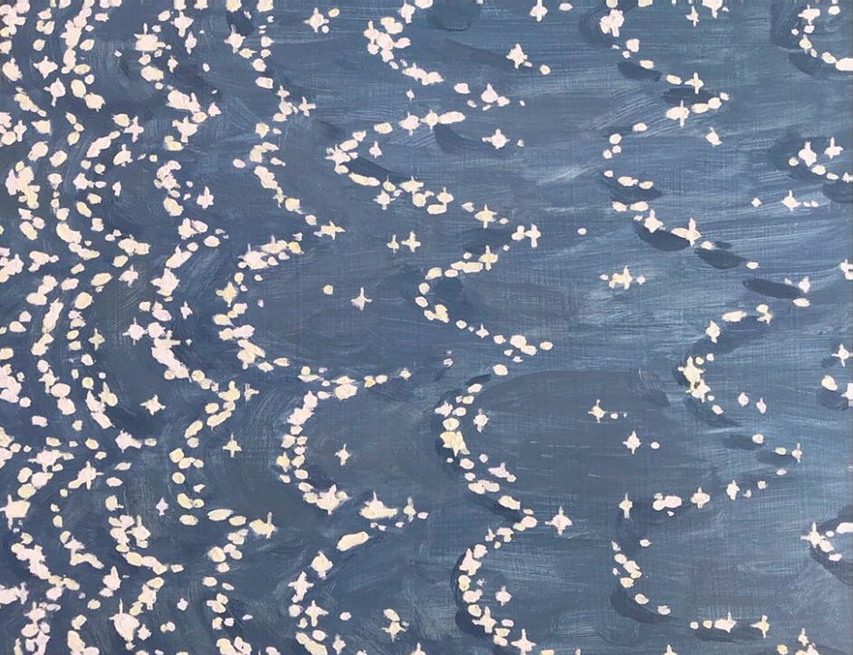 painting of glitter on blue water. the strokes are loosely applied and the tide condenses at the left side of the painting.