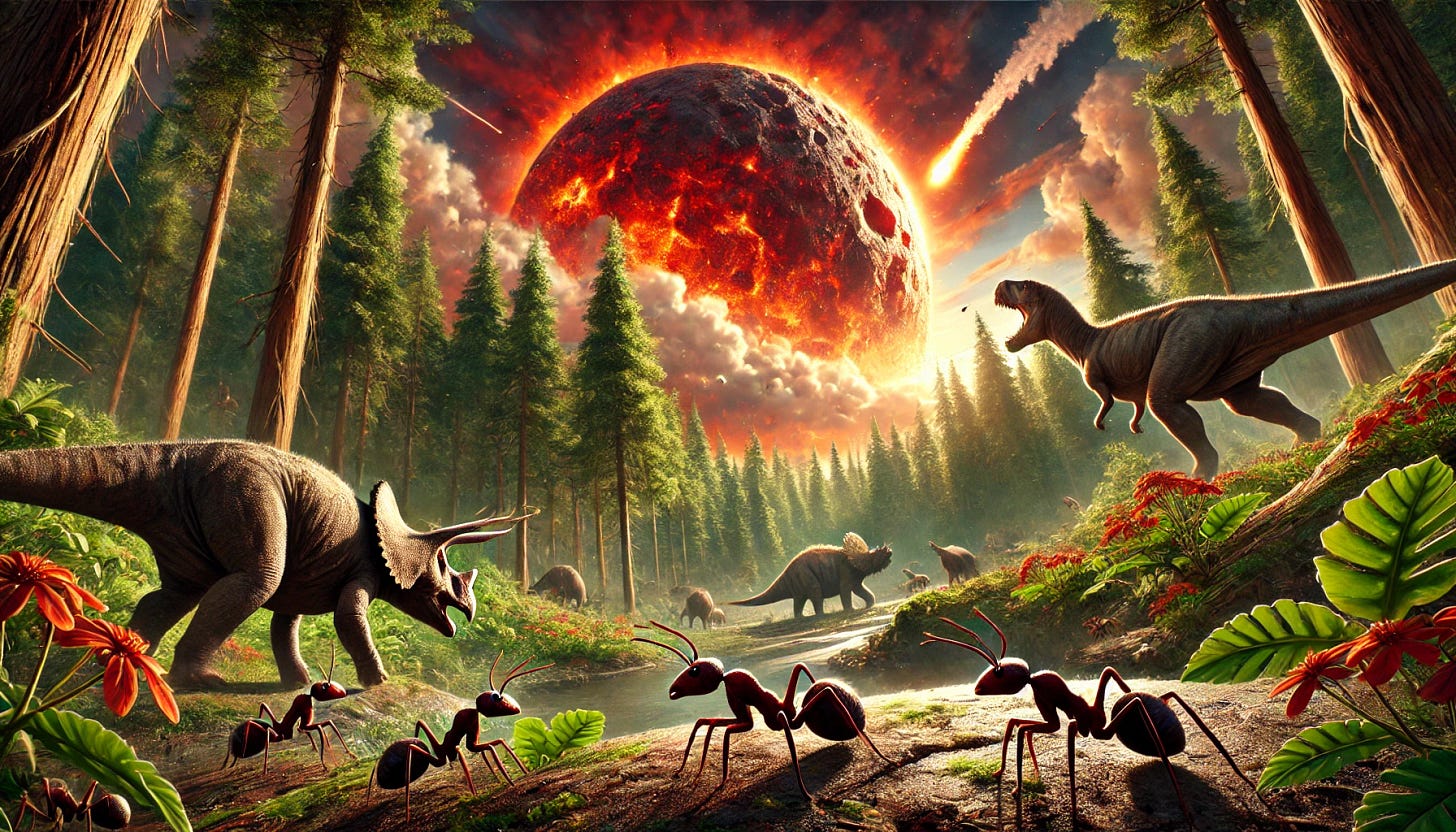 A dramatic prehistoric scene depicting a massive asteroid entering Earth's atmosphere, blazing through the sky as it approaches impact. In the background, terrified dinosaurs, including a T-Rex and Triceratops, look upward in fear amidst a dense, lush forest. In the foreground, detailed prehistoric ants, slightly larger and darker than modern ants, walk calmly on a patch of dirt, seemingly unaware of the impending disaster. The environment is filled with vibrant vegetation and the sky is painted with fiery red and orange hues, capturing the chaos of the moment. The scene blends realism with artistic drama.