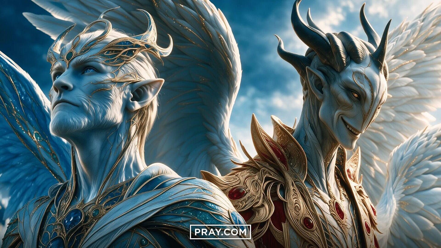Two angelic beings, one with blue skin and golden adornments, the other with horns and a sinister smile, stand against a sky background. Two angelic beings, one with blue skin and golden adornments, the other with horns and a sinister smile, stand against a sky background.
