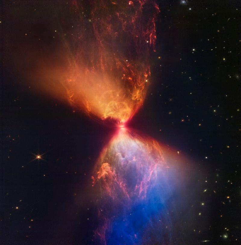 Structures of dust forming around a protostar (in the central pink line) in nebula L1527 (2022). Structures of dust forming around a protostar (in the central pink line) in nebula L1527 (2022).