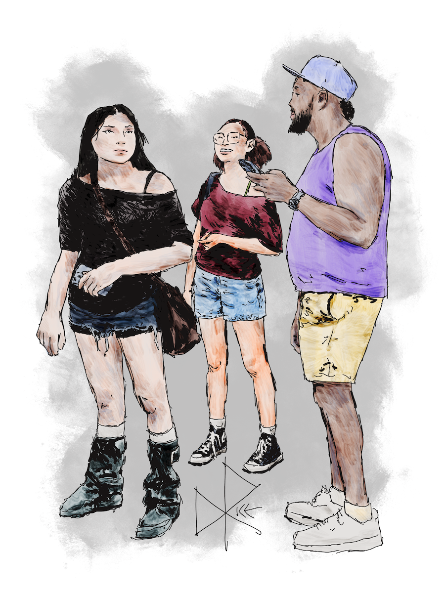 A trio of young people waiting around before a live performance, as the delay time continues to lengthen. Sketch art by Don Rice. A trio of young people waiting around before a live performance, as the delay time continues to lengthen. Sketch art by Don Rice.