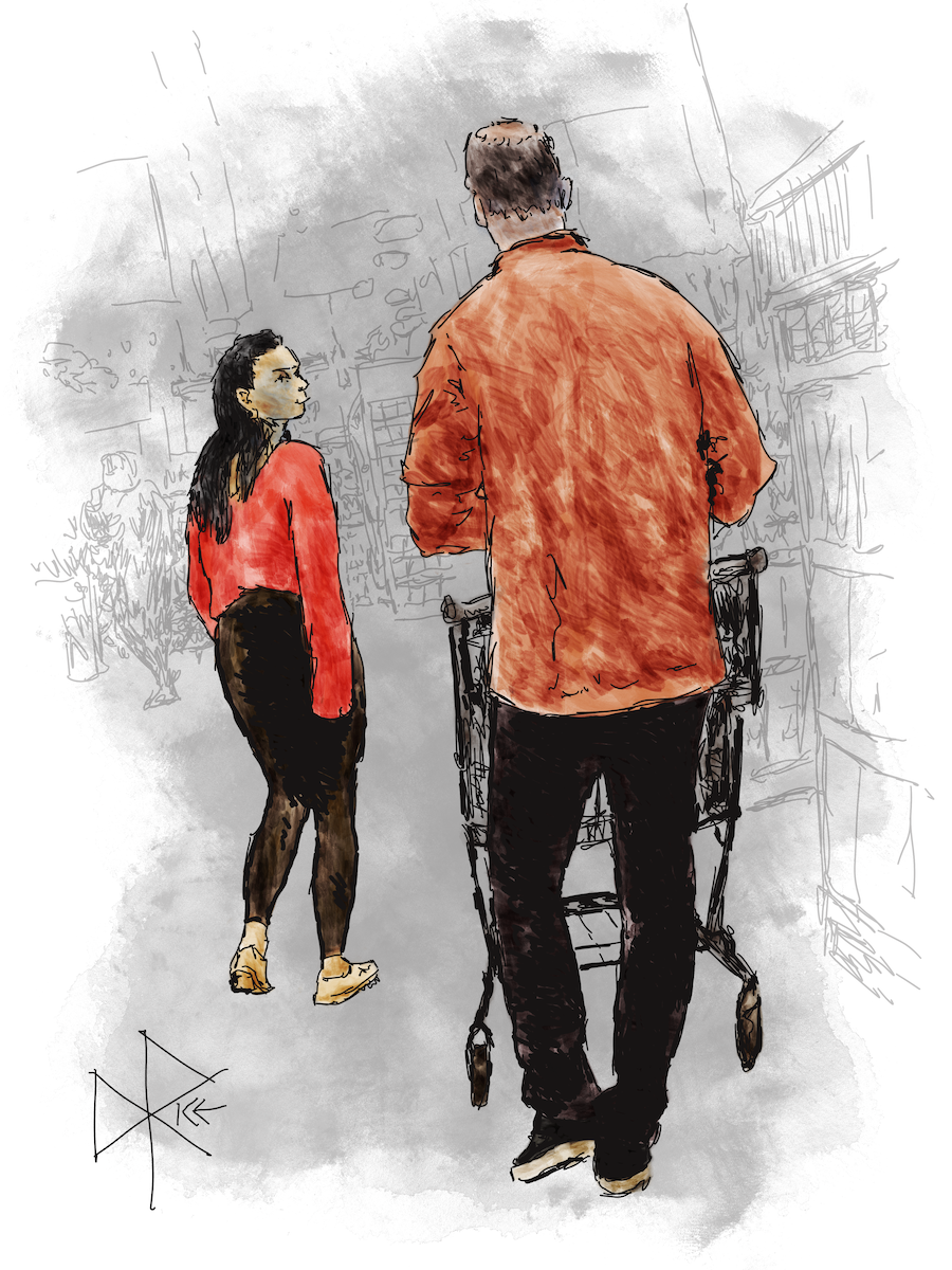 Seen from behind, a woman looks over her shoulder at the man behind her, who is pushing a shopping cart. Sketch art by Don Rice. Seen from behind, a woman looks over her shoulder at the man behind her, who is pushing a shopping cart. Sketch art by Don Rice.