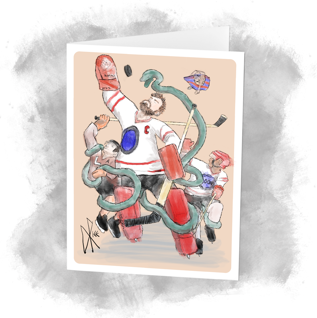 Three hockey players posed similarly to the mythological figures of Laocoőn and his two sons being attacked by a serpent. Sketch art by Don Rice.