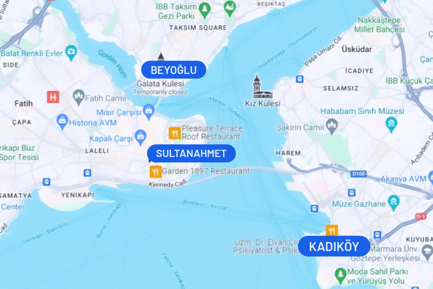 Map showing the locations of Beyoglu, Sultanahmet, and Kadikoy