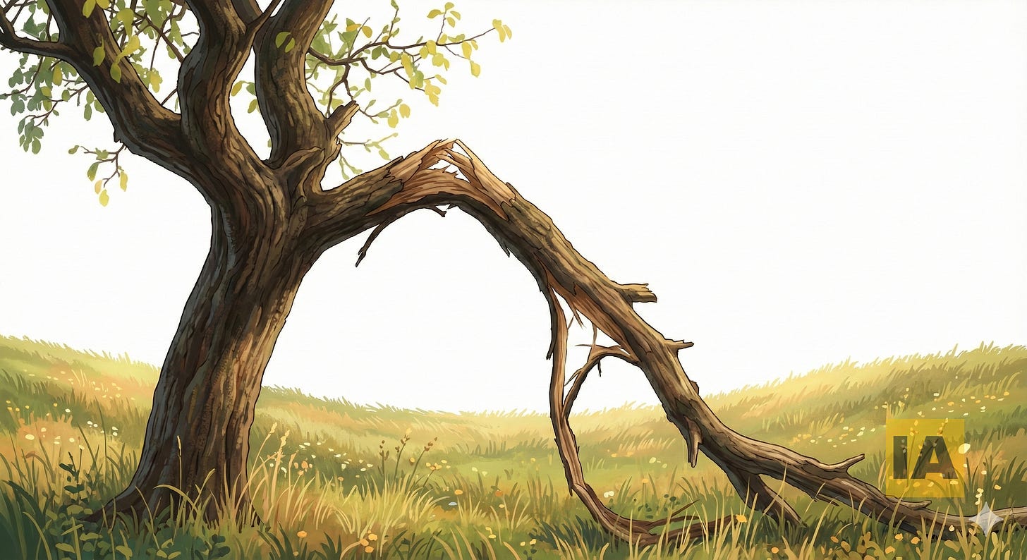 Árvore com o galho quebrado, está crescendo forte e saudável, mas ainda tem limitações e problemas para enfrentar.