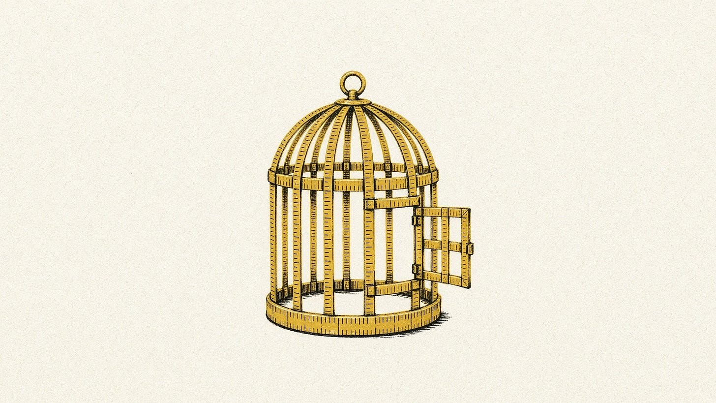 An empty birdcage built from a yellow tailor’s measuring tape, its door open, on bare cream paper.