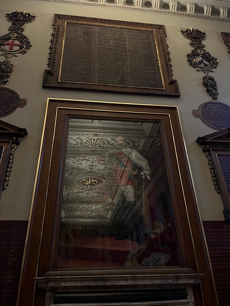 Portraits, stained glass, and a gilded plaster ceiling from the Great Hall at Barts North Wing.