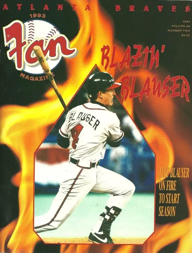 Braves 1993 magazine featuring Jeff Blauser superimposed over flames.