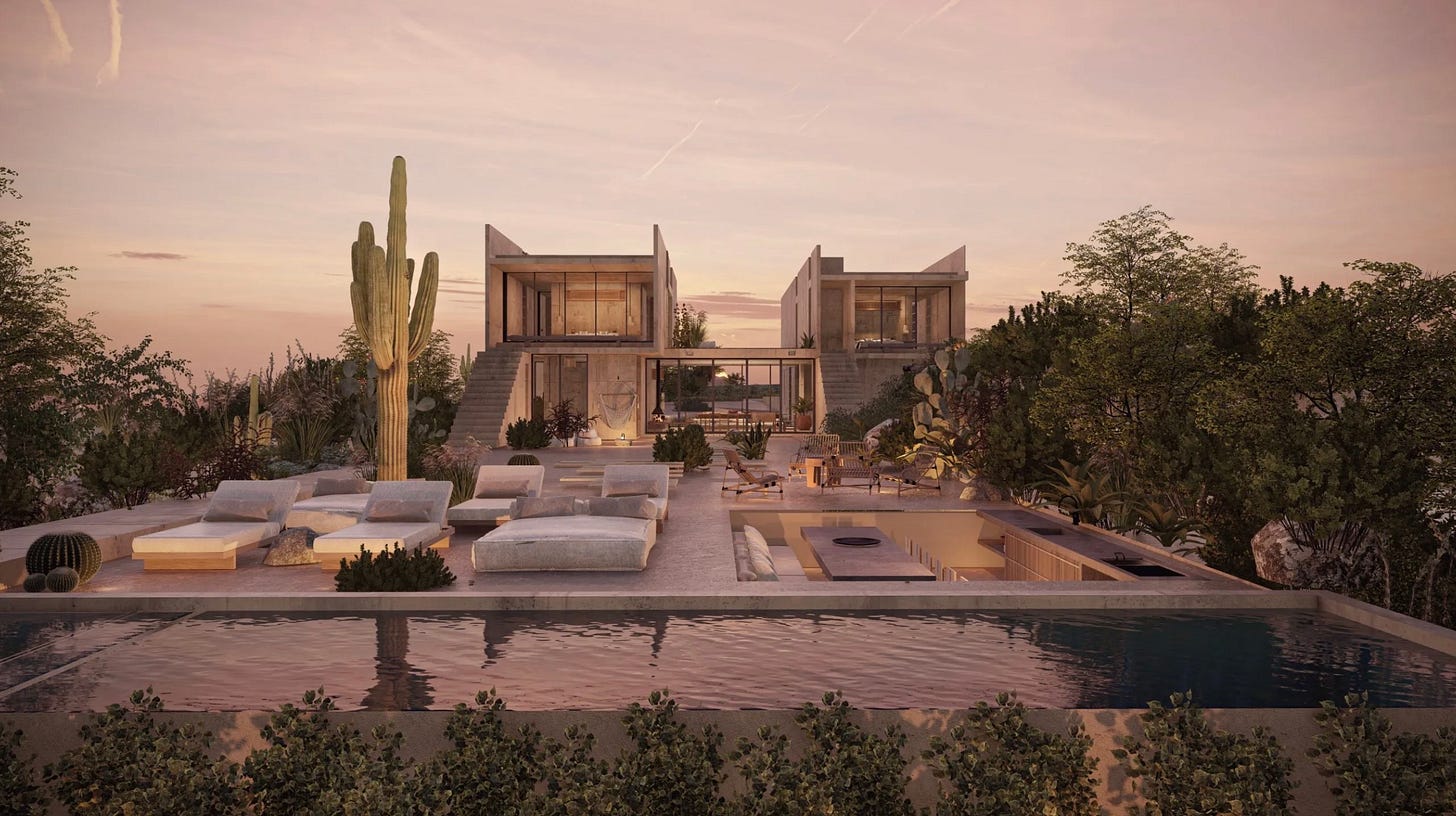Modern desert residence at Paradero Todos Santos featuring layered terraces, multiple pathways, native landscaping, and outdoor living spaces designed to encourage exploration and discovery. Modern desert residence at Paradero Todos Santos featuring layered terraces, multiple pathways, native landscaping, and outdoor living spaces designed to encourage exploration and discovery.