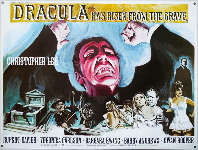 Dracula Has Risen from the Grave poster by Tom Chantrell: a huge snarling Dracula head with raised fists