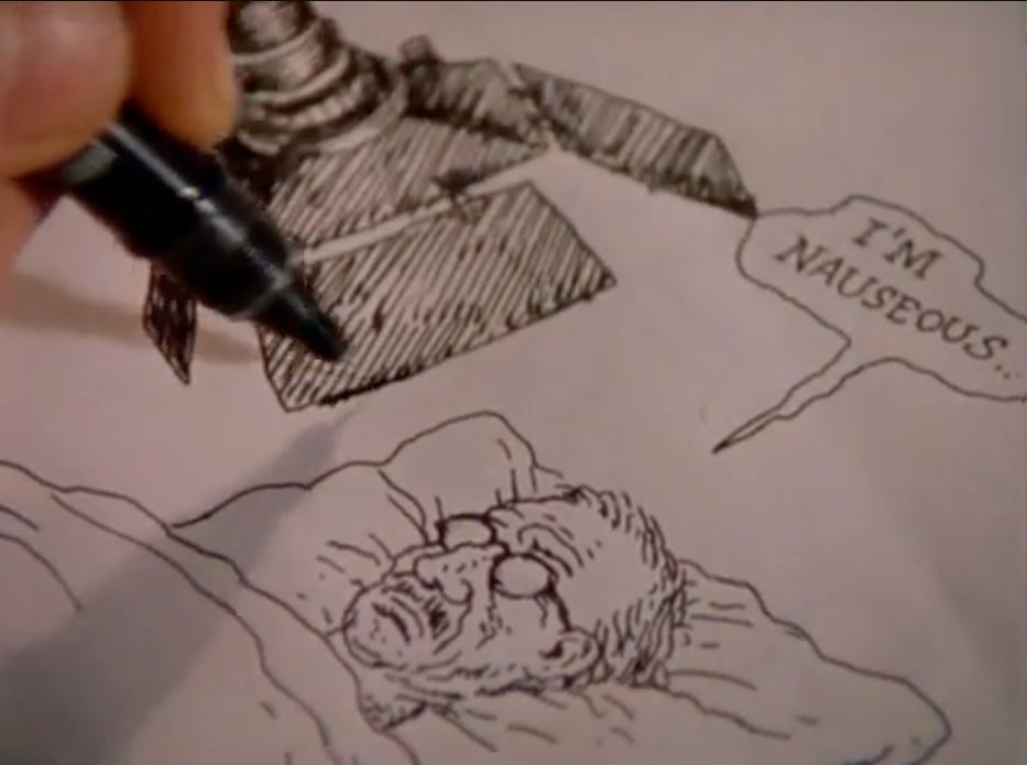 Crumb drawing: a self-portrait with a large camera peering at him in bed,