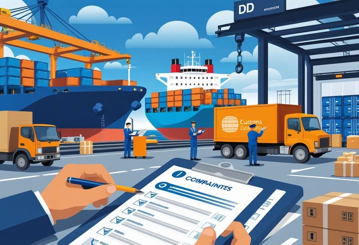 A logistics manager reviewing shipping documents with cargo ship, delivery truck, customs officer, and warehouse in the background representing DDP shipping responsibilities. A logistics manager reviewing shipping documents with cargo ship, delivery truck, customs officer, and warehouse in the background representing DDP shipping responsibilities.