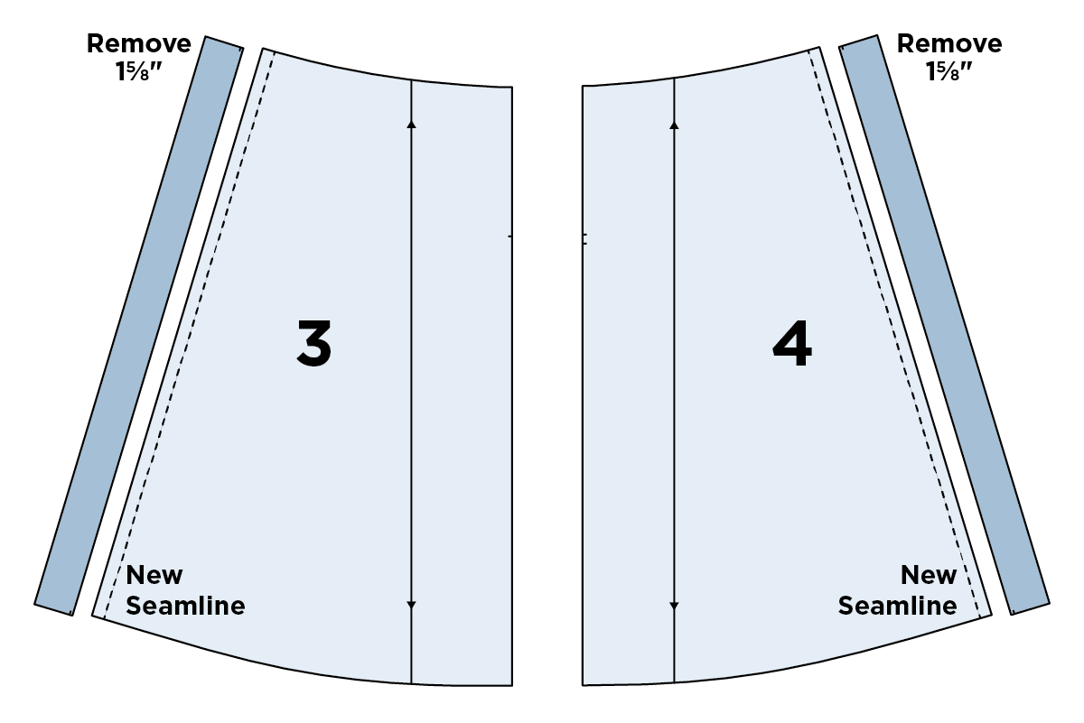 Austin Dress View A Skirt Front piece 3 and Skirt Back piece 4 with blue button bands and dashed new seamline on each side