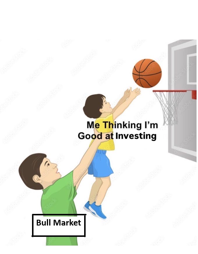 The image depicts a humorous meme featuring a cartoon of a man labeled "Bull Market" lifting a child labeled "Me Thinking I\'m Good at Investing" as the child attempts to dunk a basketball. The setting is a basketball court with a hoop, symbolizing the high of a bull market making investors feel overly confident. The text overlay, "Me Thinking I\'m Good at Investing" and "Bull Market," integrates with the visual to humorously suggest that a rising market might inflate an investor\'s self-perception of skill. No platform watermarks like Instagram, TikTok, or Xiaohongshu are present. The post from Dividend Growth Investor (@DividendGrowth) on X uses this meme to comment on investment psychology.