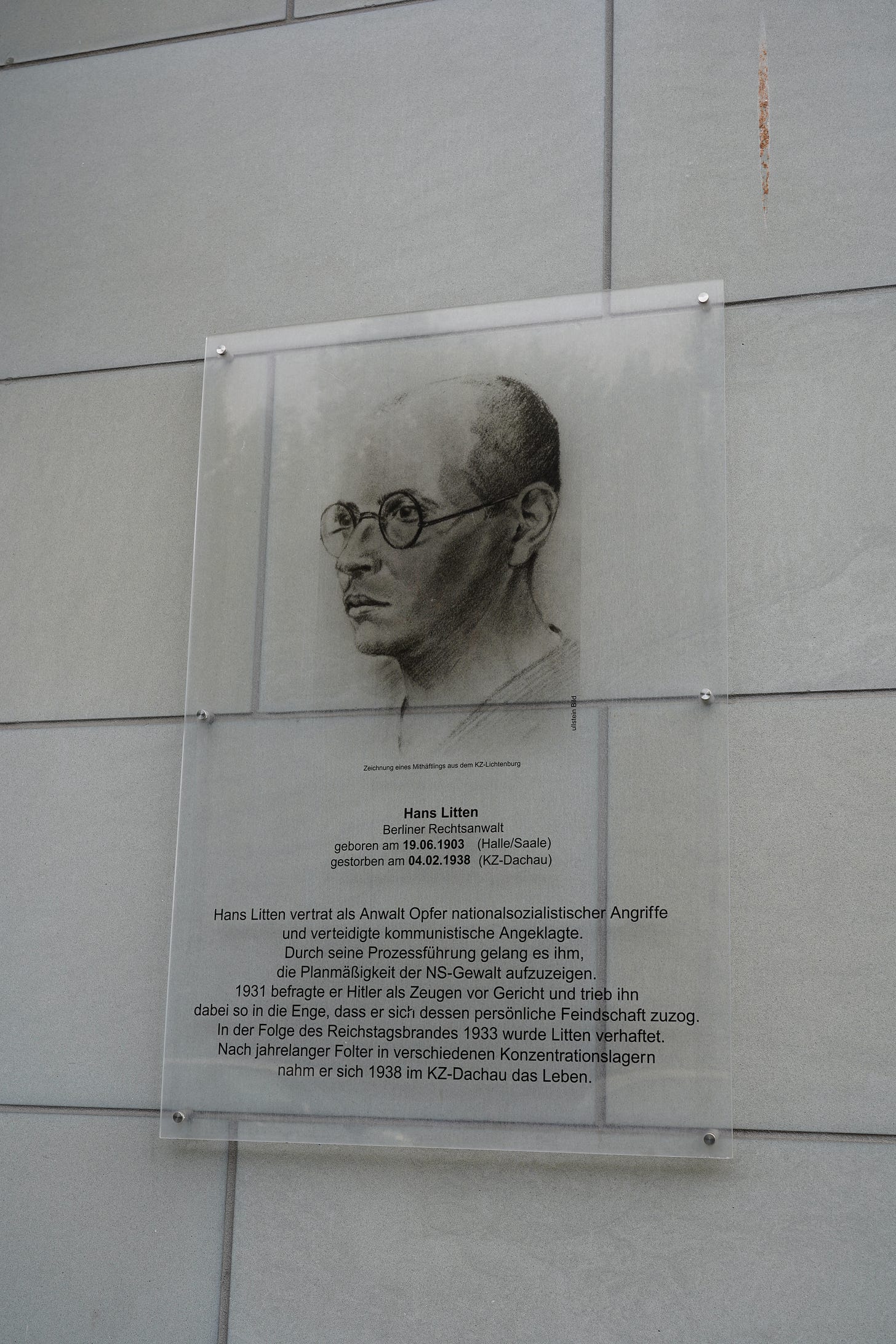 A plaque to Hans Litten in Germany on a building named after him A plaque to Hans Litten in Germany on a building named after him