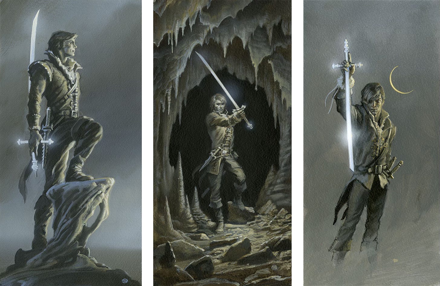 LEFT: Tonal figure study of Rand in partial profile with his knee up, foot resting on a stone formation. He holds a glowing glass sword at his side, pommel down with the blade pointed up running behind his arm. The length extends over his head.  CENTER: Tonal figure study of Rand holding his sword out at a diagonal. He's stepping out of the dark recesses of a cave. The stalactite formations on the ceiling create a sense of depth in their layers.  RIGHT: Tonal figure study of Rand facing the audience. He holds out a glass sword with the pommel up, blade pointed straight down. The slightest sliver of a crescent moon hangs beyond his shoulder. On his left hip, the grip of two weapons are visible.