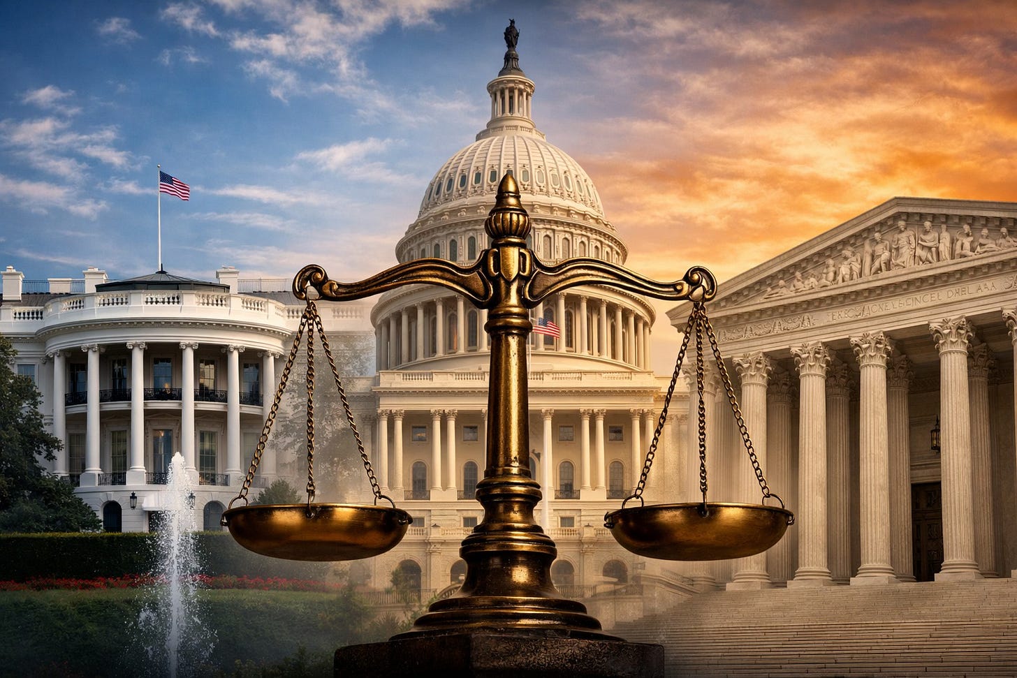 A 16:9 composite image showing the White House on the left, the U.S. Capitol building in the center, and the Supreme Court on the right, with a large set of bronze Scales of Justice prominently centered in the foreground against a dramatic sky blending blue and warm sunset tones.