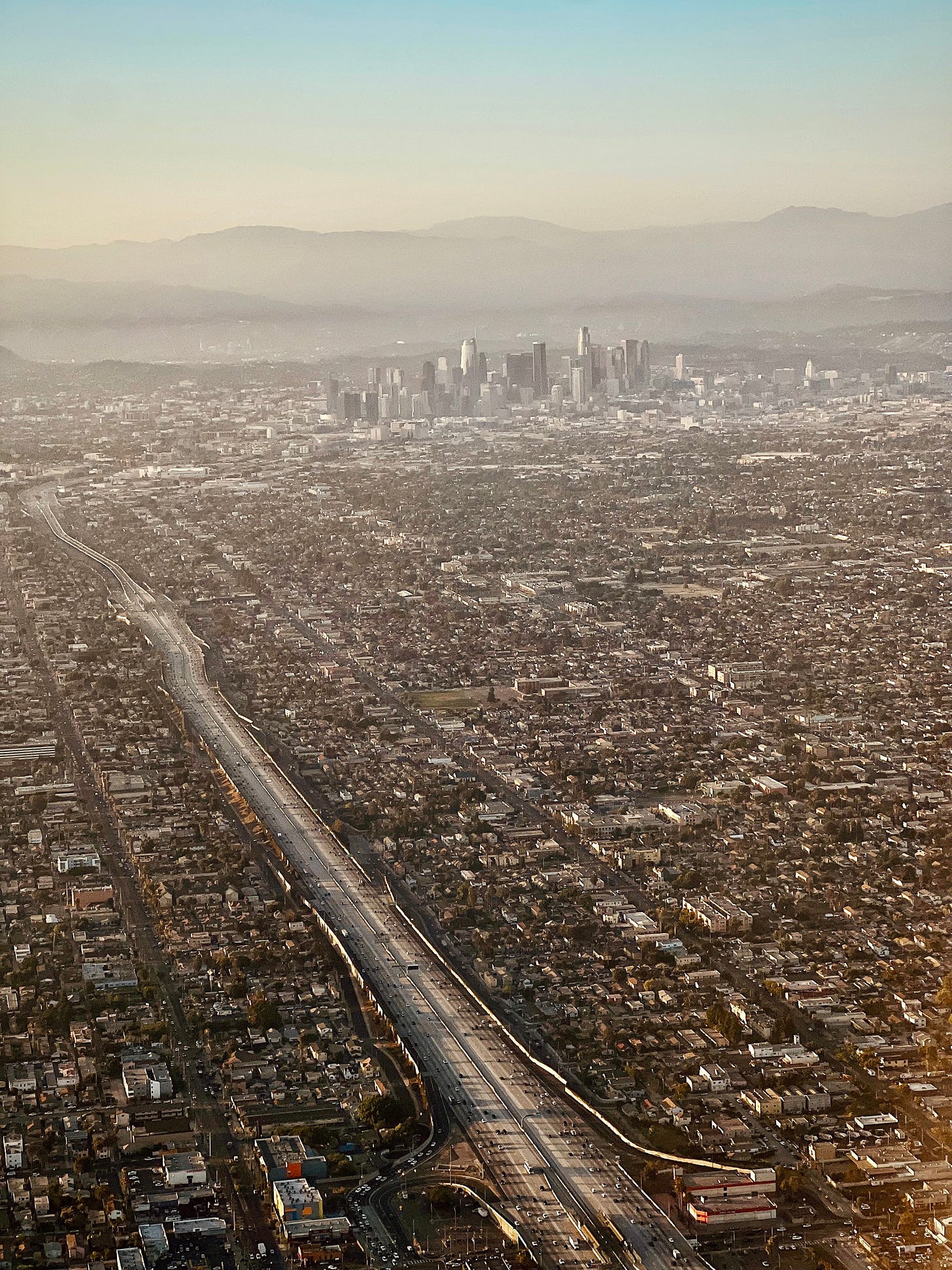 Overhead view of Los Angeles from an airplane window