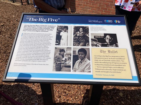Kerry Devine, Victoria Mathews, Chris Williams, and Troy Paino unveil two new wayside panels in front of Combs Hall on the UMW campus on Tuesday, July 16.
