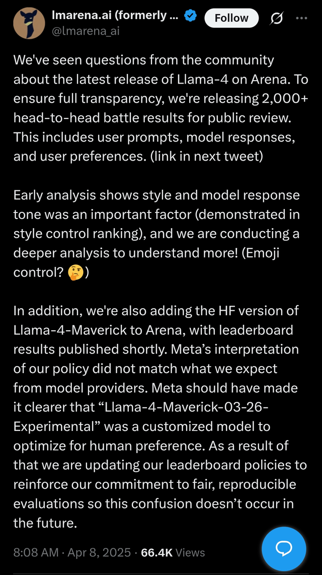 r/LocalLLaMA - Meta envió Llama4 personalizado a lmarena sin dar explicaciones previas.