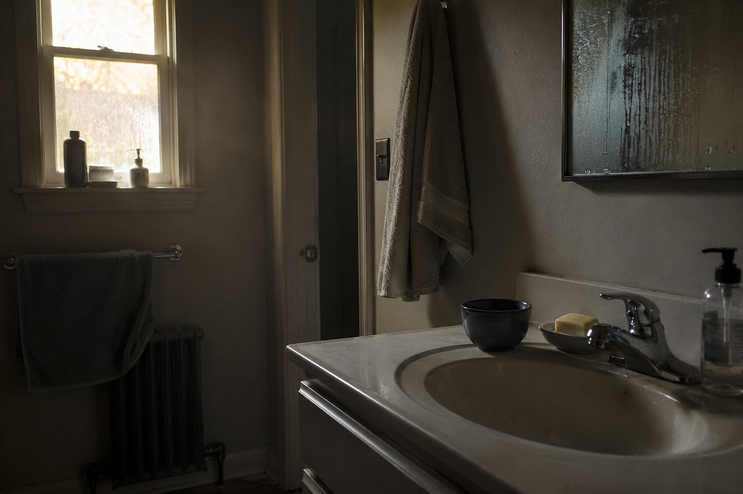 Dimly lit bathroom with soft morning light coming through a window, a sink and soap in the foreground, a towel hanging nearby, and a fogged mirror creating a quiet reflective mood. Dimly lit bathroom with soft morning light coming through a window, a sink and soap in the foreground, a towel hanging nearby, and a fogged mirror creating a quiet reflective mood.