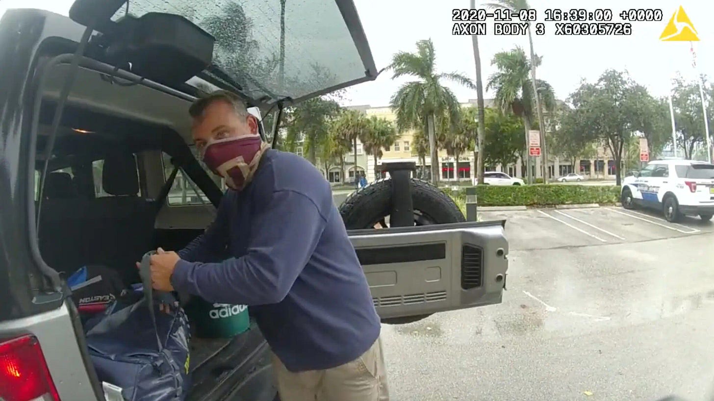 Attorney Adam Bantner delivering Ashley Biden’s personal belongings to police. Credit: Delray Beach Police Department, via NYT. Attorney Adam Bantner delivering Ashley Biden’s personal belongings to police. Credit: Delray Beach Police Department, via NYT.