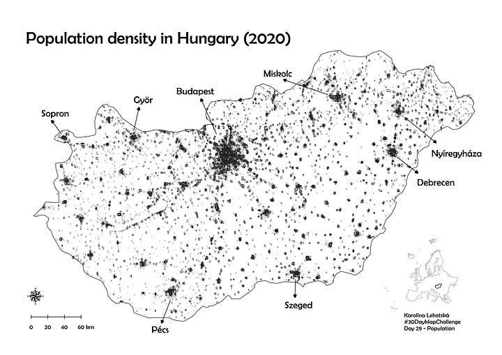 Maps of populations density in Hungary and in Poland.