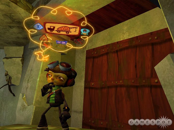 Four screenshots from an old version of Psychonauts
