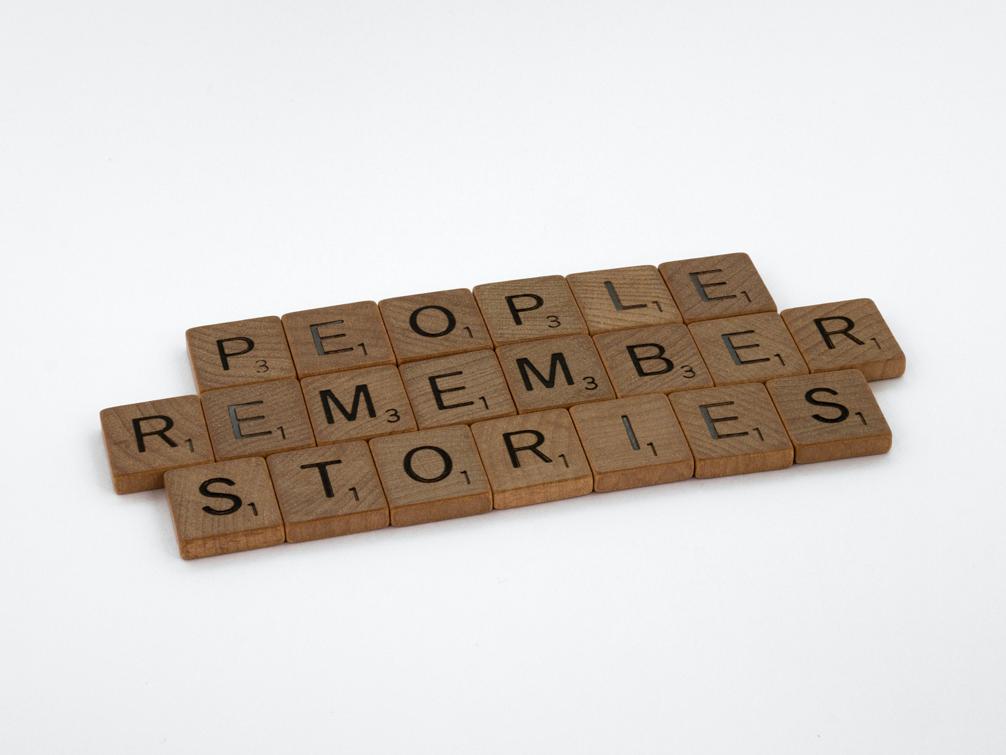 Scrabble tiles reading PEOPeople Remember Stories on white background