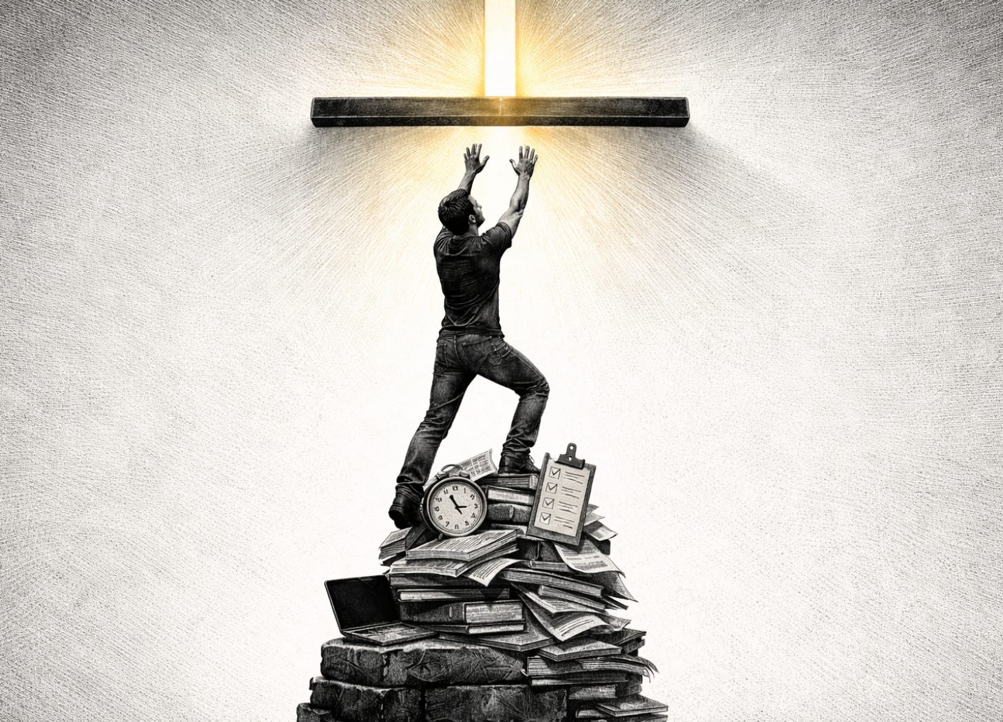 A lone man stands atop a fragile stack of work, time, and performance symbols, reaching toward a bar that rises into a narrow shaft of gold light, representing a standard built on perfectionism that remains just out of reach.