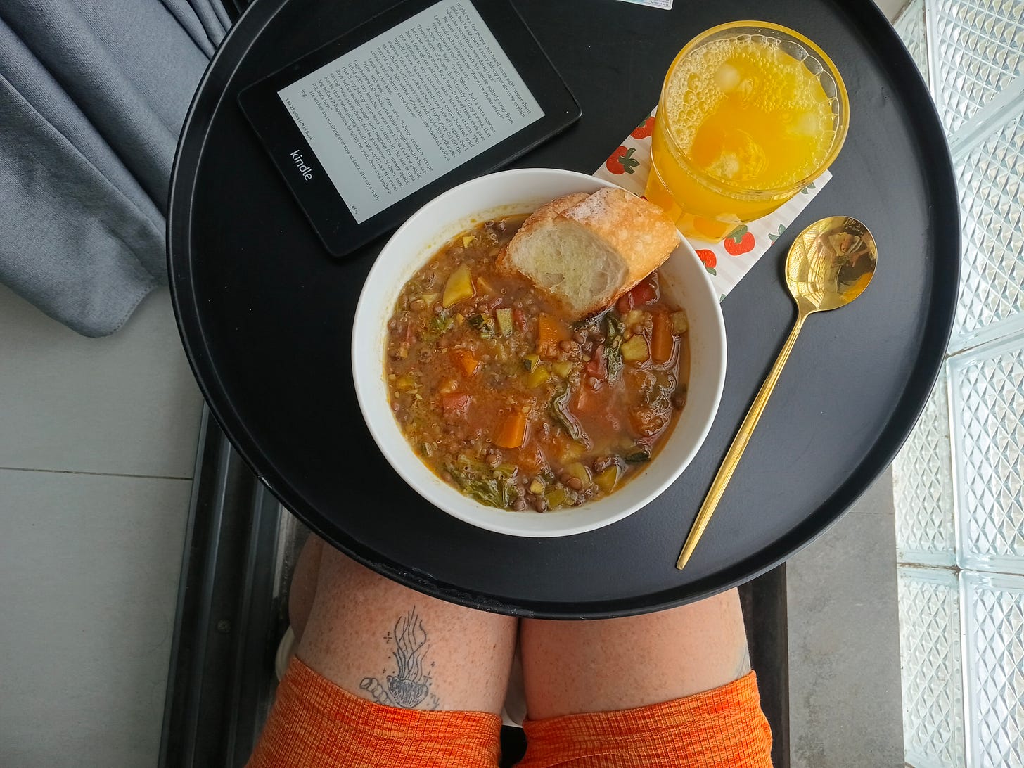 lentil soup at a table and knees