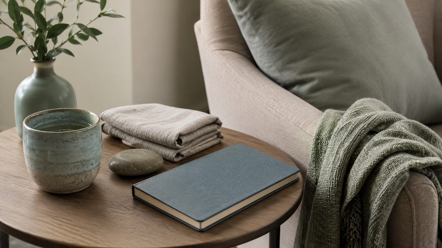 Grounding objects beside a chair, including a cup, notebook, stone, and sage blanket for online session support.