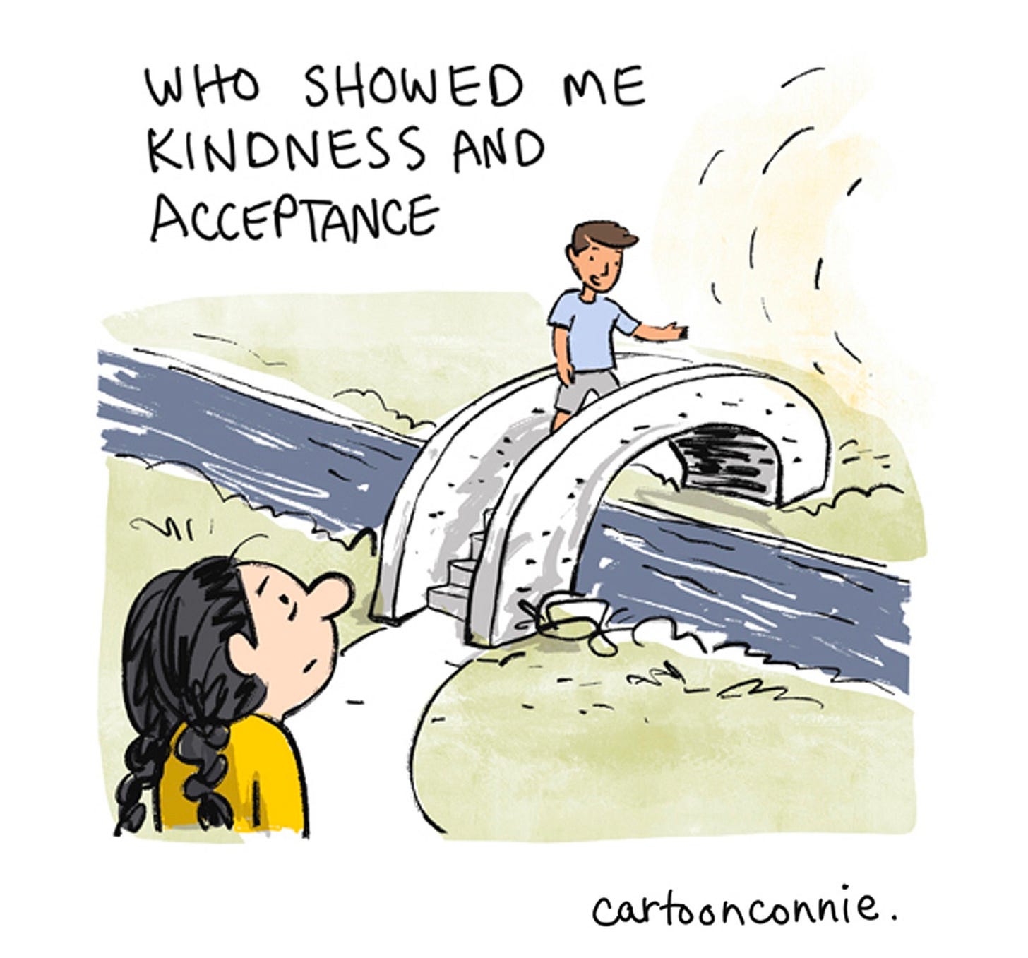 Panel 5/6 of a 6-panel comic strip illustrating a visual metaphor of how individuals can be a bridge to belonging, even when we feel isolated and alone. Titled "Bridges To Belonging," 2026, by Connie Sun, cartoonconnie. Panel 5/6 of a 6-panel comic strip illustrating a visual metaphor of how individuals can be a bridge to belonging, even when we feel isolated and alone. Titled "Bridges To Belonging," 2026, by Connie Sun, cartoonconnie.