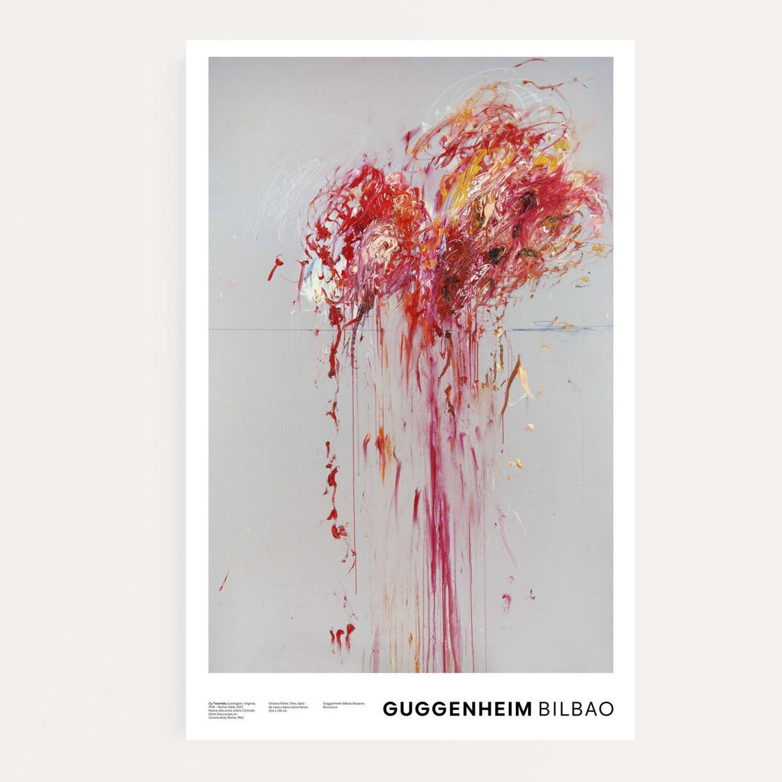 May include: Abstract art print featuring a vibrant explosion of red, yellow, and gold paint against a light gray background. The artwork has a dynamic, expressive quality with dripping paint effects. The print includes the text "GUGGENHEIM BILBAO".